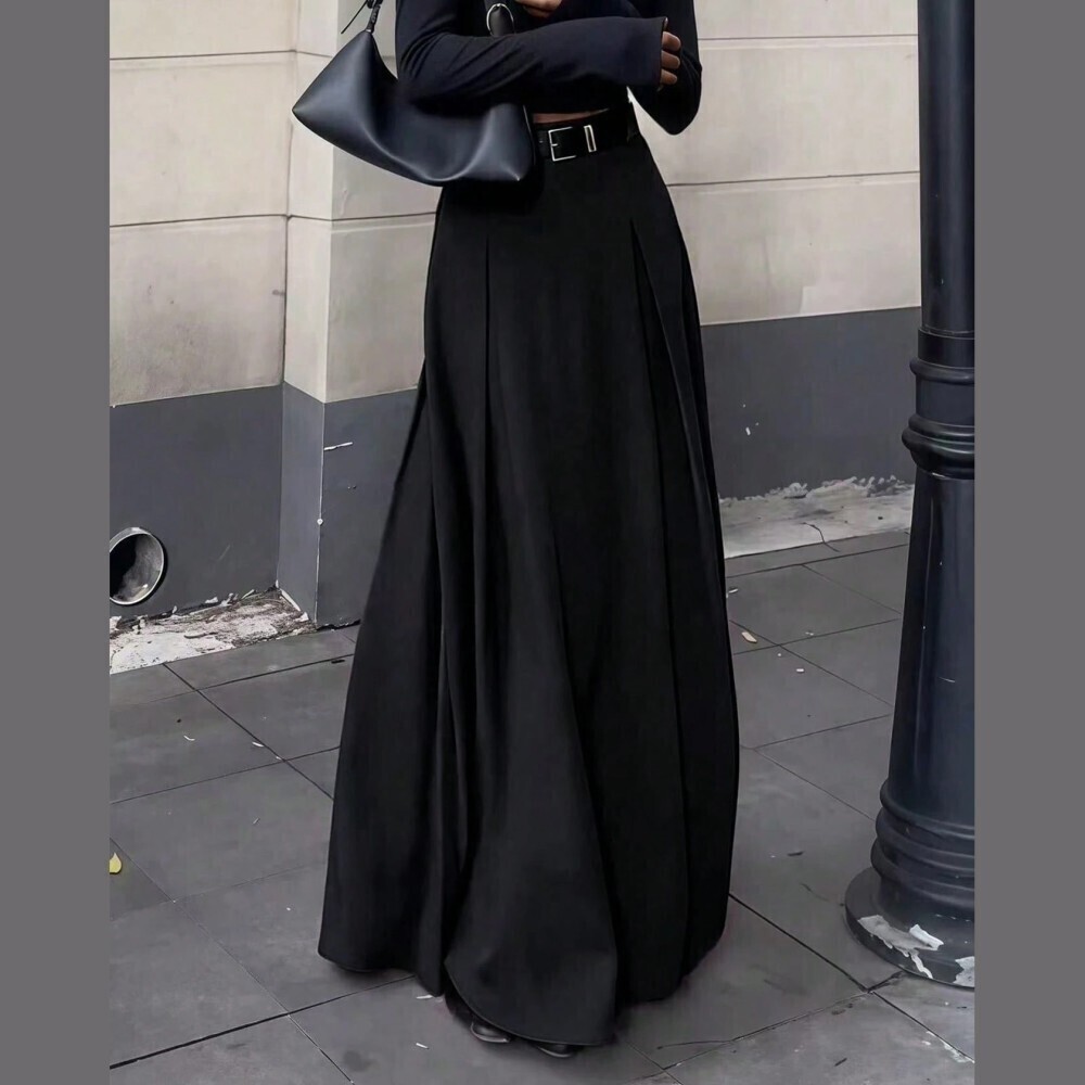 Black Woven Maxi Skirt with Pleated Full A-Line Sweep